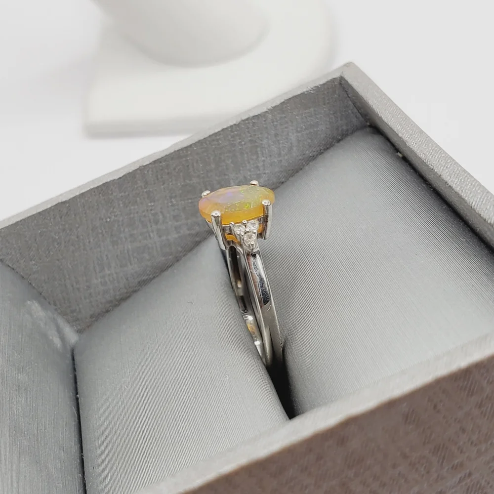 10k Solid White Gold Genuine Ethiopian Oval Opal & White Zircon Ring